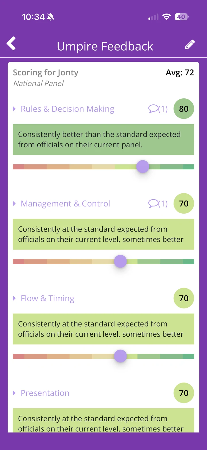 Structured umpire feedback on the WhistleIQ mobile app